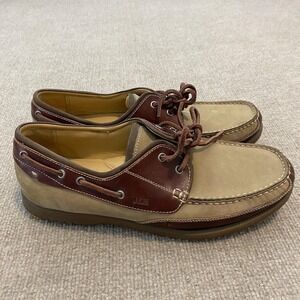 Johnston & Murphy Boat Shoes Mens Size 9.5 Beige Brown Leather Vibram 25-0117
